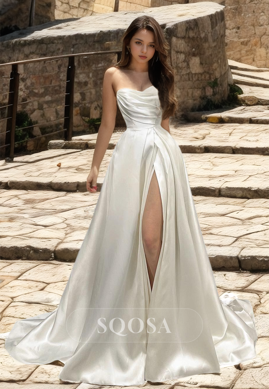 Sleeveless Sweetheart Pleated Wedding Dress A-Line Off-Shoulder High Slit with Train Bride Gowns