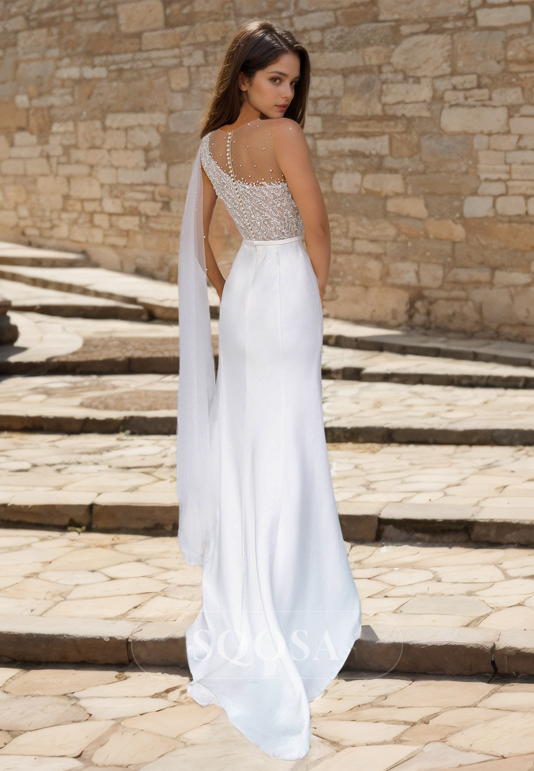 High Scoop-Neck Sleeveless Beach Wedding Dress Beaded Floor-Length Fitted Satin Boho Bride Gowns