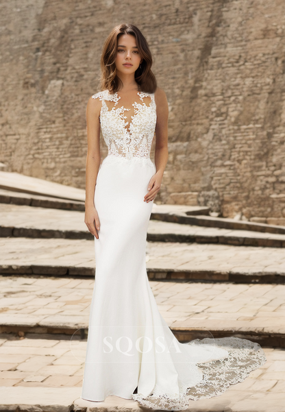 Asymmetrical-Neck Sleeveless Applique Wedding Dress Cutout Satin Mermaid Bride Gowns with Lace Train