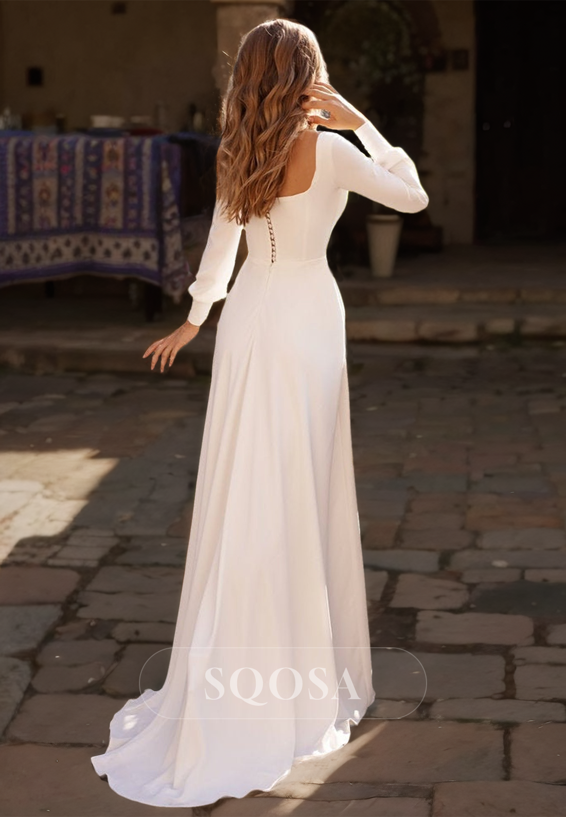 Square-Neck Long-Sleeves A-Line Boho Beach Wedding Dress Simple Satin Train Bride Gowns