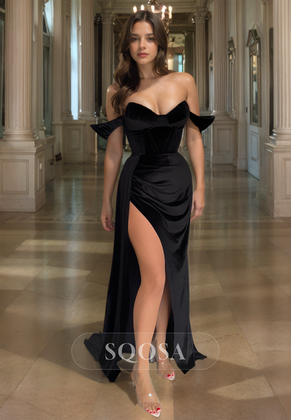 Sweetheart Sleeveless Pleated Formal Gowns Slit with Sweep Train Satin Mermaid Prom Dress