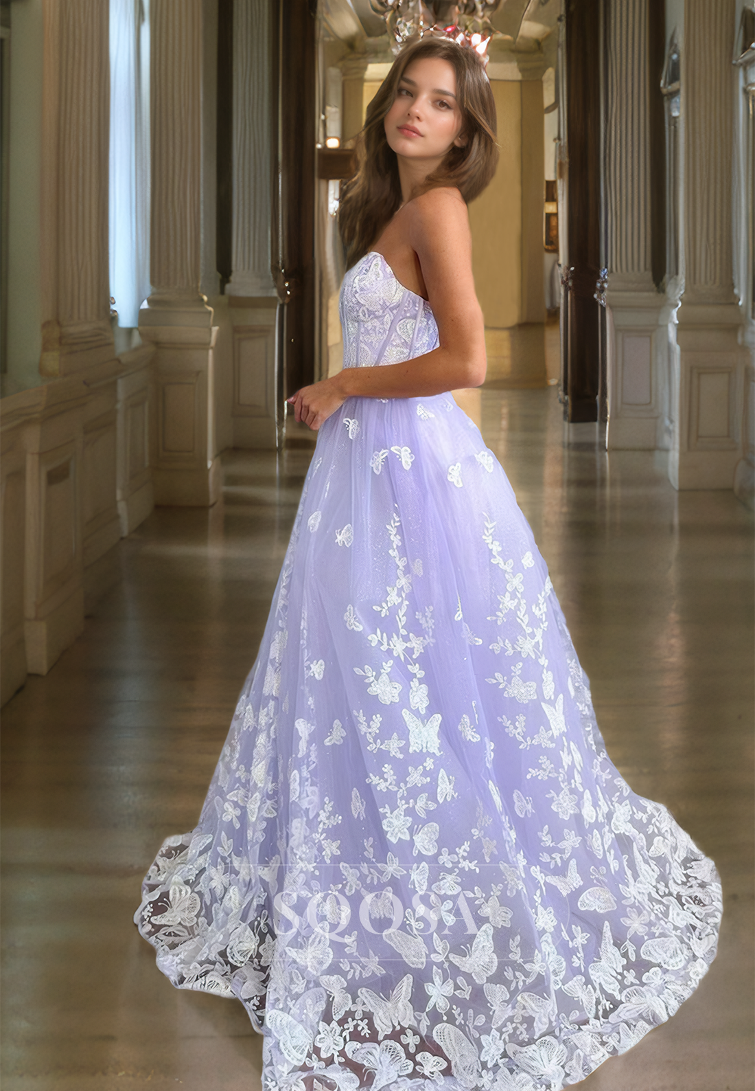 Sweetheart Off-Shoulder Lace A-Line Prom Dress Sleeveless Applique Formal Dinner Gowns with Train