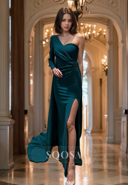 One Long-Sleeves Slit Sweep Train Satin Party Gowns Asymmetrical-Neck Mermaid Prom Dress