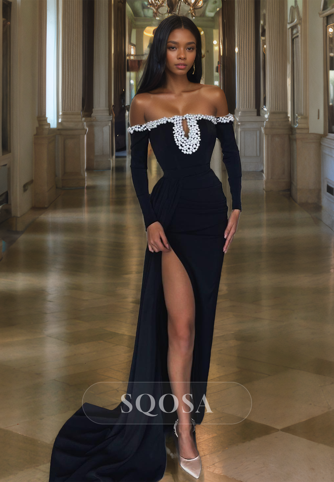 Long Sleeves Beaded Tube Top Satin Fitted Formal Gowns Pleated Cutout Slit with Train Prom Dress