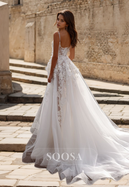 tank top wedding dress Sleeveless V-Neck A Line Embroidered Tulle with Applique Classic blush ( Satin fabric) Plunging Tank Tulle Ball Gown