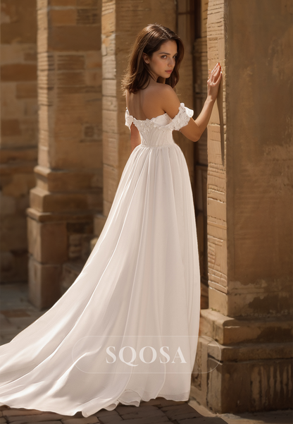 Floral Embellished Sweetheart Sleeveless Chiffon Beaded Pleated Slit with Train Wedding Dress