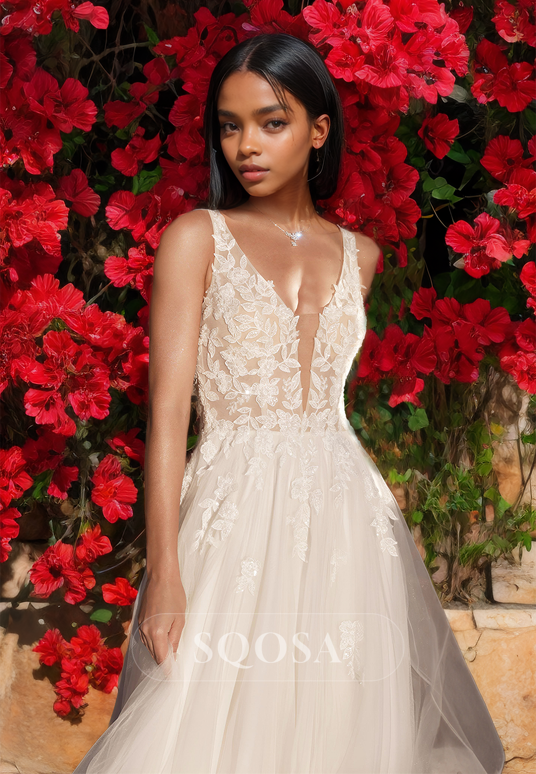 Deep V-Neck Sleeveless Tulle A-Line Wedding Dress Spaghetti Straps Applique Cutout Bride Dress with Train