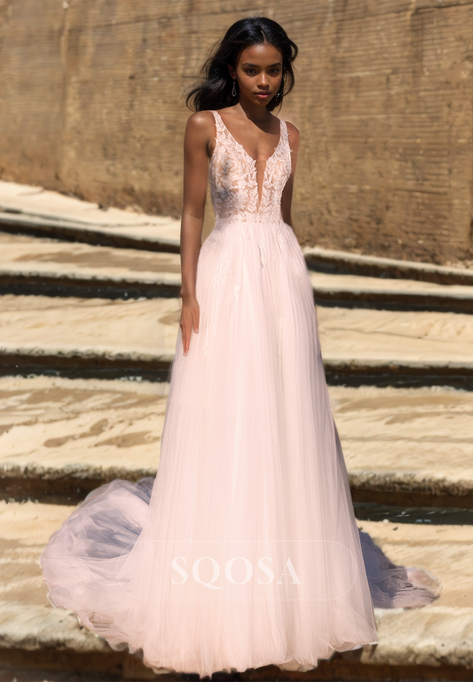 Deep V-Neck Sleeveless Tulle A-Line Wedding Dress Spaghetti Straps Applique Cutout Bride Dress with Train