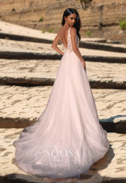 Deep V-Neck Sleeveless Tulle A-Line Wedding Dress Spaghetti Straps Applique Cutout Bride Dress with Train