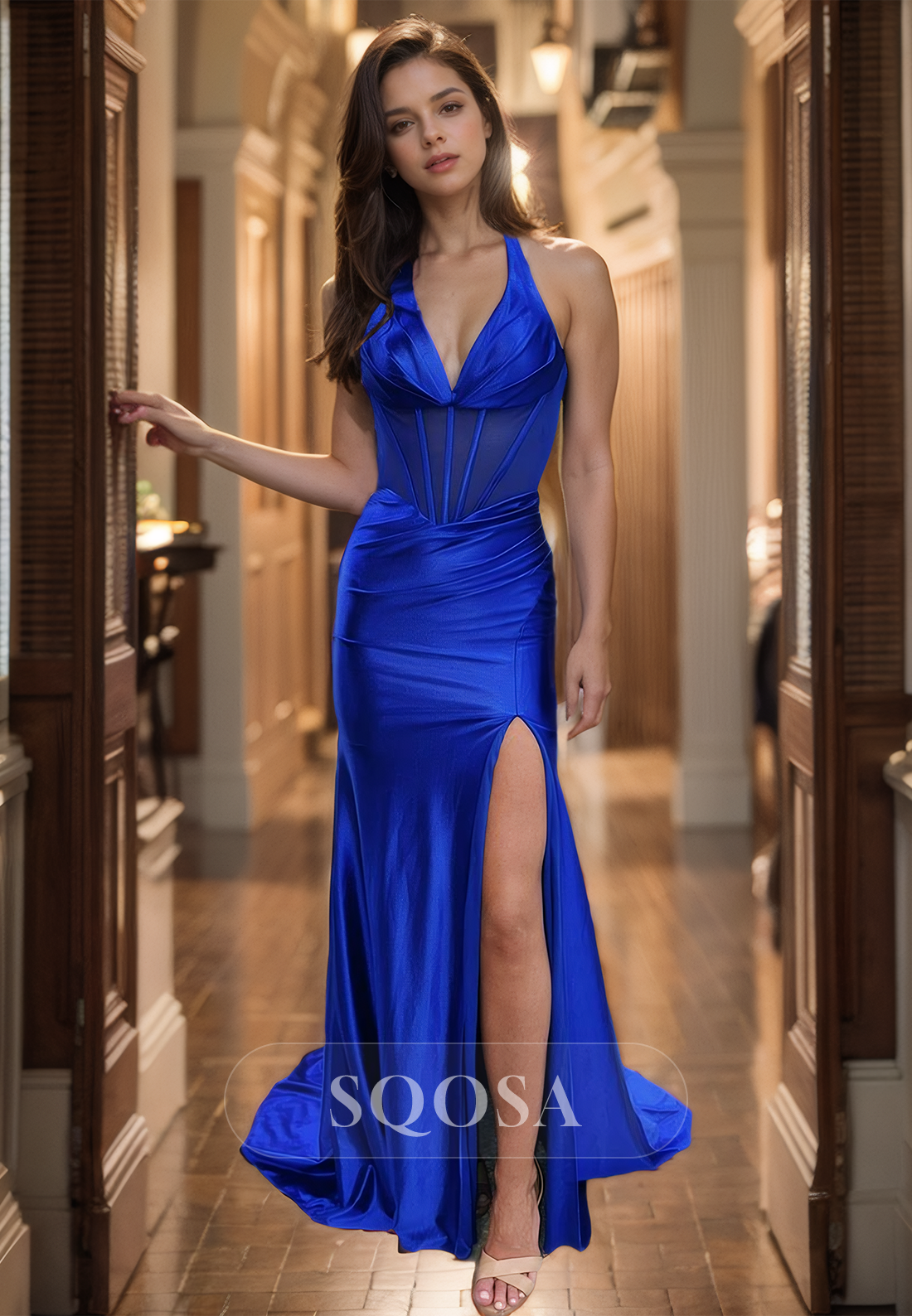 Halter Deep V-Neck Off-Shoulder Sleeveless Pleated Slit Mermaid Prom Dress with Sweep Train