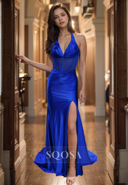 Halter Deep V-Neck Off-Shoulder Sleeveless Pleated Slit Mermaid Prom Dress with Sweep Train