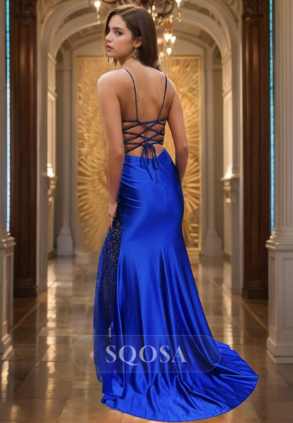 Spaghetti Straps V-Neck Off-Shoulder Mermaid Prom Dress Sleeveless Pleated Beaded Evening Gowns