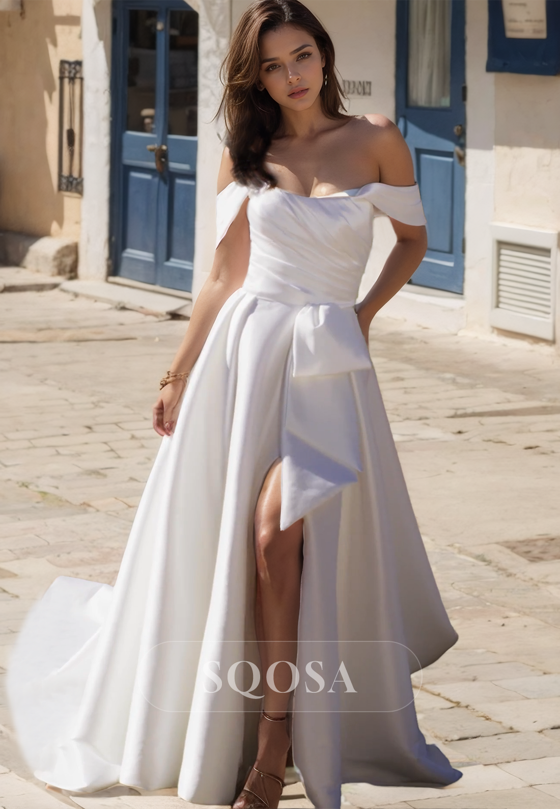 Tube Top Sleeveless Off-Shoulder Pleated High Slit Satin A-Line Wedding Dress with Train