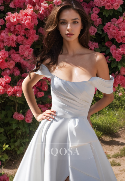 Tube Top Sleeveless Off-Shoulder Pleated High Slit Satin A-Line Wedding Dress with Train