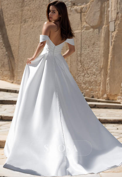 Tube Top Sleeveless Off-Shoulder Pleated High Slit Satin A-Line Wedding Dress with Train