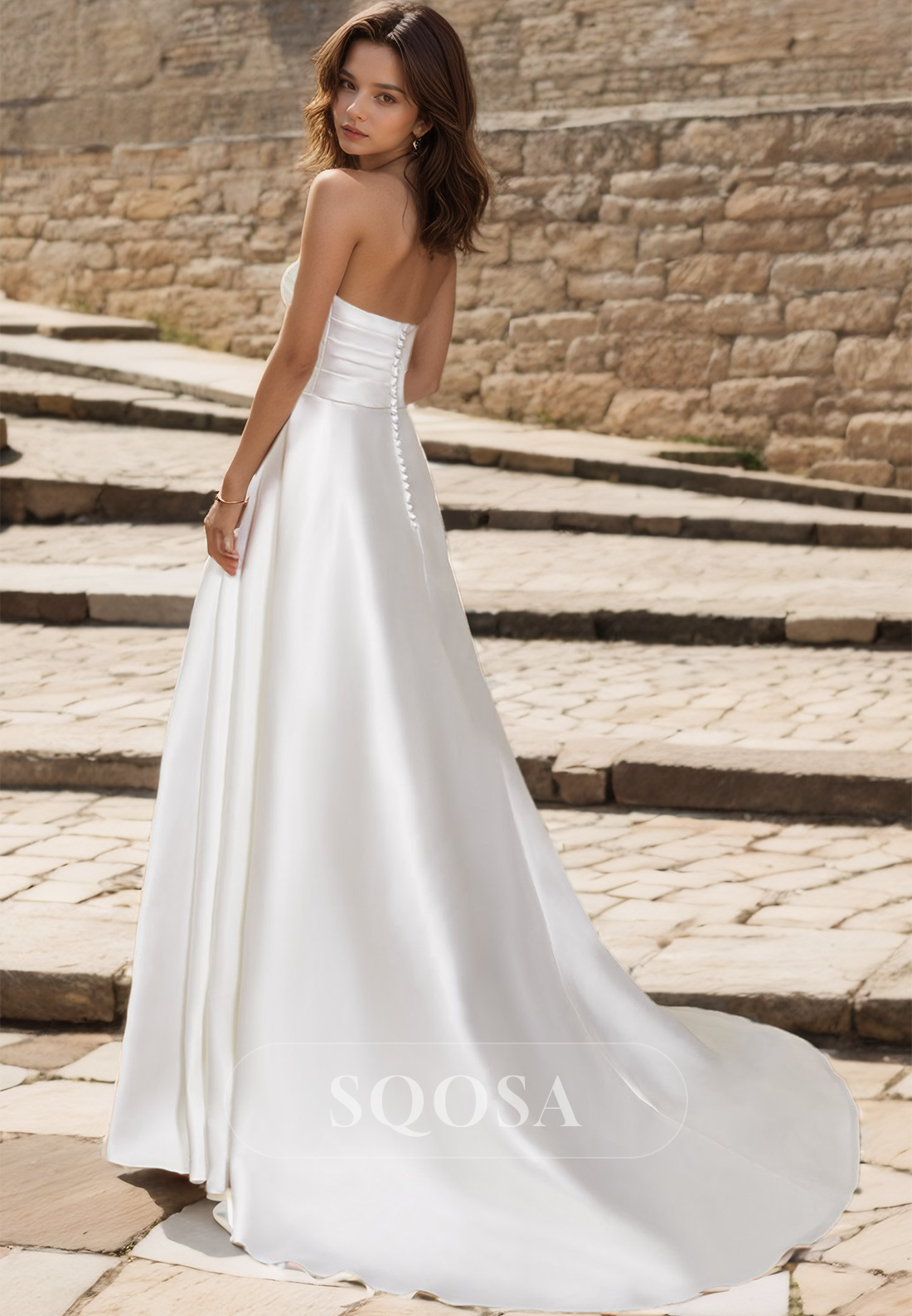 V-Neck Sleeveless High Slit A-Line Wedding Dress Off-Shoulder Pleated Satin Train Bride Gowns