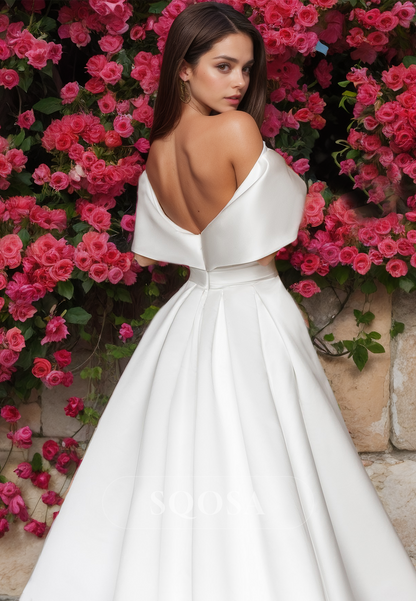 Deep V-Neck Satin A-Line Bride Gowns Sleeveless Pleated Cutout Open-Back Train Wedding Dress