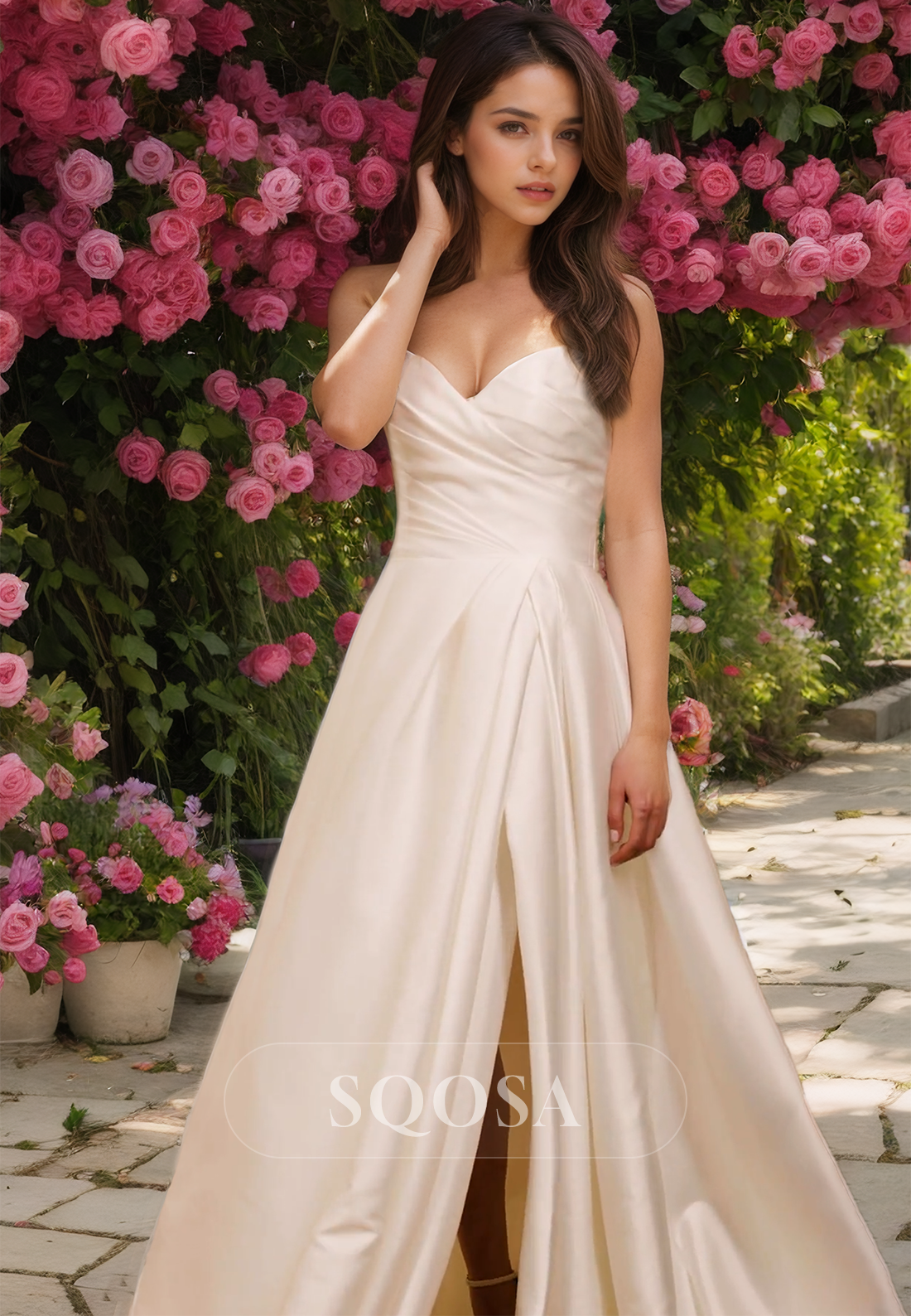 V-Neck Sleeveless High Slit A-Line Wedding Dress Off-Shoulder Pleated Satin Train Bride Gowns