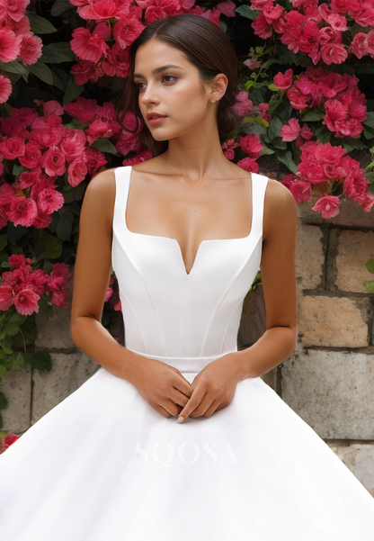 Square-Neck Straps Sleeveless A-Line Wedding Dress Off-Shoulder Pleated Satin Train Bride Gowns