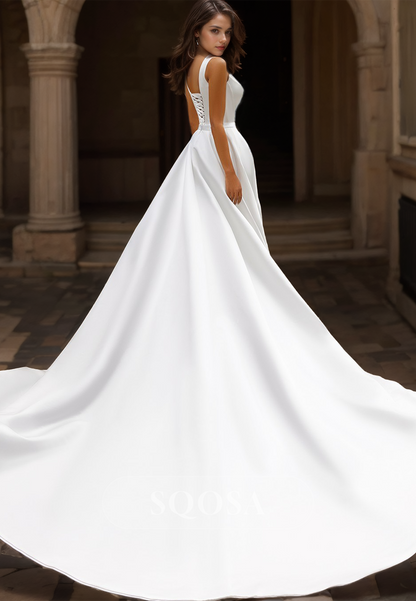 Square-Neck Straps Sleeveless A-Line Wedding Dress Off-Shoulder Pleated Satin Train Bride Gowns