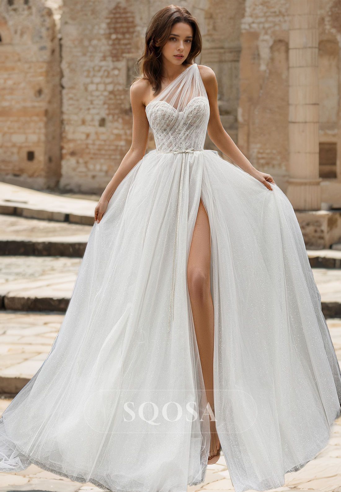 Sweetheart Sleeveless Off-Shoulder Pleated A-line Bride Dress  Glitter-Knit High Slit Wedding Dress with Train