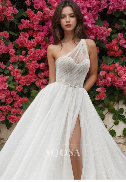 Sweetheart Sleeveless Off-Shoulder Pleated A-line Bride Dress  Glitter-Knit High Slit Wedding Dress with Train