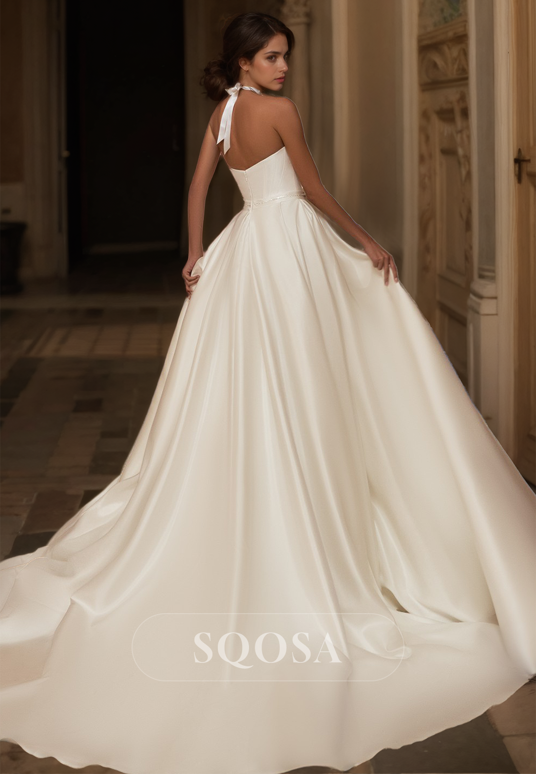 V-Neck Off-Shoulder A-Line Wedding Dress Sleeveless Pleated High Slit Bride Gowns with Big Bows