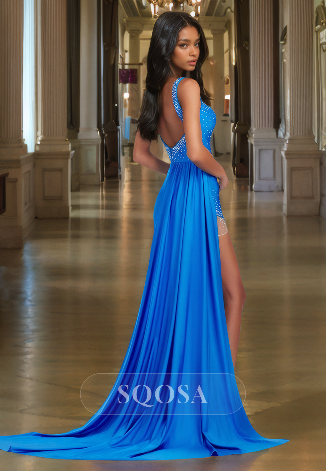 Sweetheart Sleeveless Straps Satin Fitted Prom Dress Beaded High Slit Formal Gowns with Train