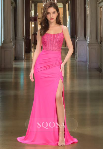 Scoop-Neck Spaghetti Straps Sleeveless Party Gowns Beaded Pleated Mermaid Prom Dress with Sweep Train