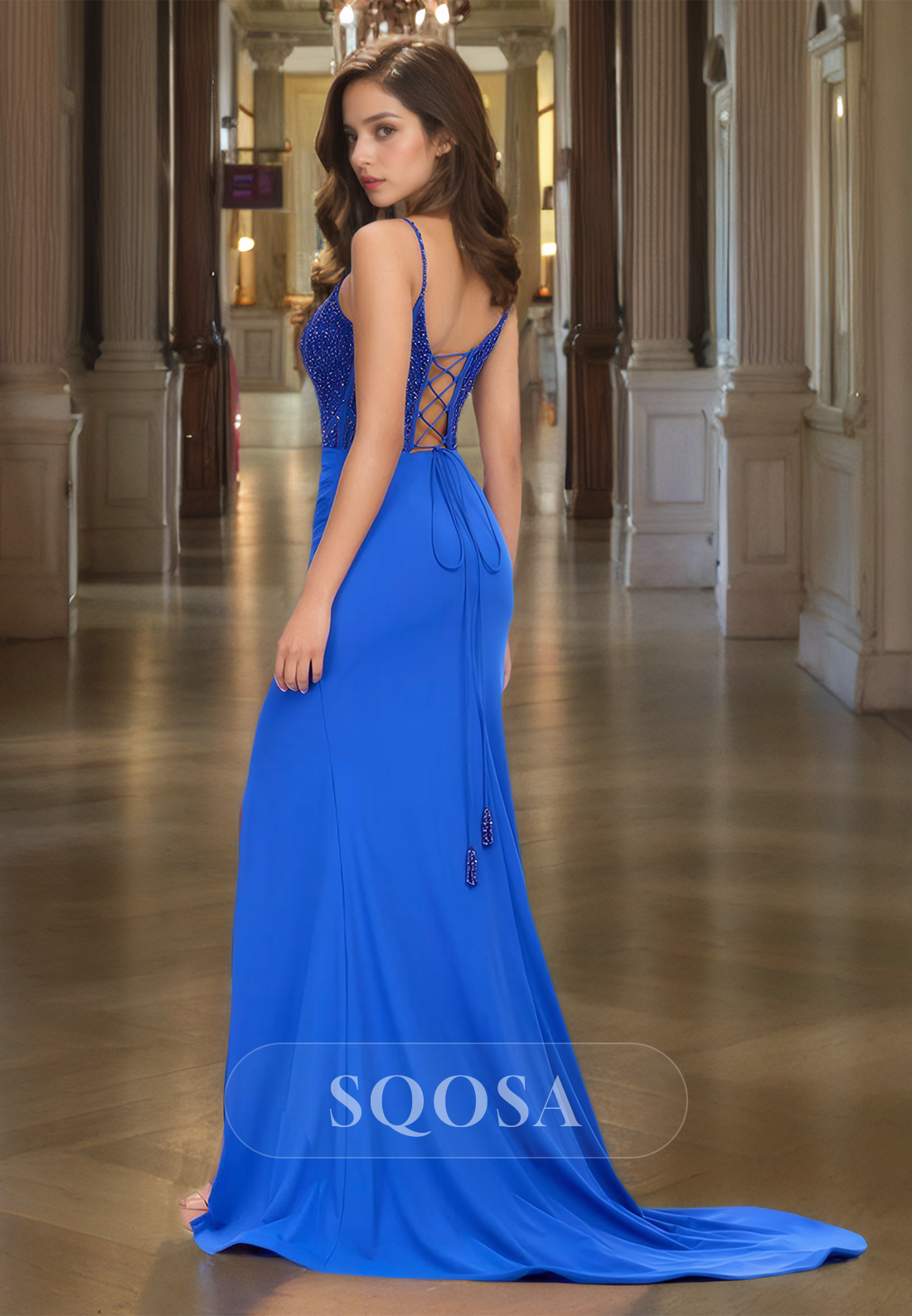 Scoop-Neck Spaghetti Straps Sleeveless Party Gowns Beaded Pleated Mermaid Prom Dress with Sweep Train