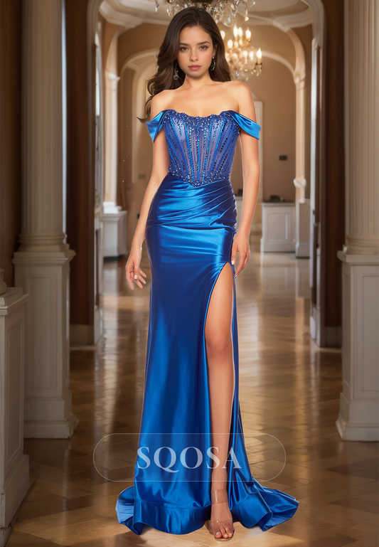 Scoop-Neck Off-Shoulder Sleeveless Formal Gowns Beaded Pleated High Slit Mermaid Prom Dress