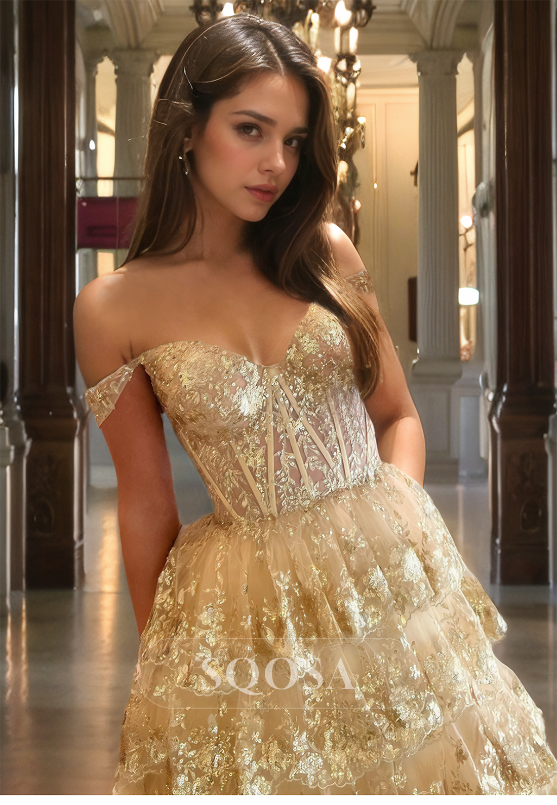 Sweetheart Off-Shoulder Sleeveless A-Line Prom Dress Glitter Lace Applique Tiered Formal Gowns