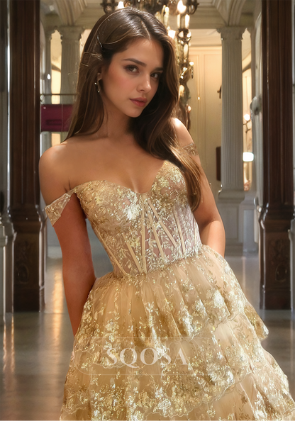 Sweetheart Off-Shoulder Sleeveless A-Line Prom Dress Glitter Lace Applique Tiered Formal Gowns