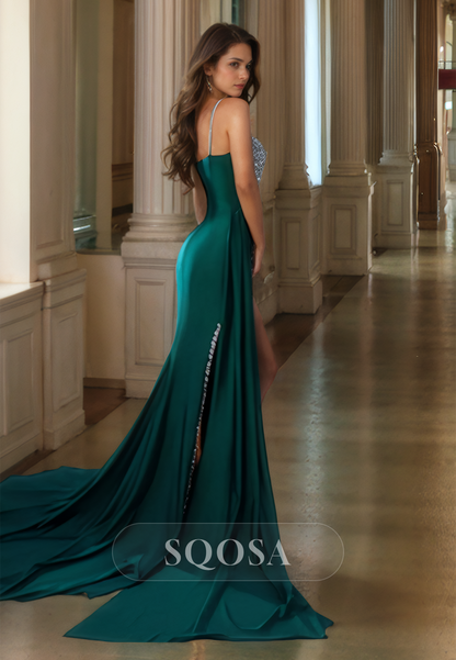 Spaghetti One-Strap Sweetheart Sleeveless Formal Dress Beaded Pleated High Slit Mermaid Prom Dress with Sweep Train