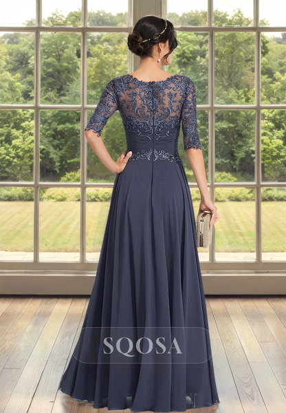 Scoop-Neck Half-Sleeves Tulle A-Line Mother of the Bride Dress Pleated Applique Cutout Cocktail Gowns