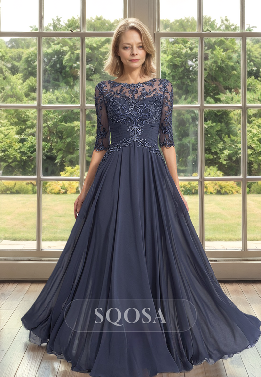 Scoop-Neck Half-Sleeves Tulle A-Line Mother of the Bride Dress Pleated Applique Cutout Cocktail Gowns