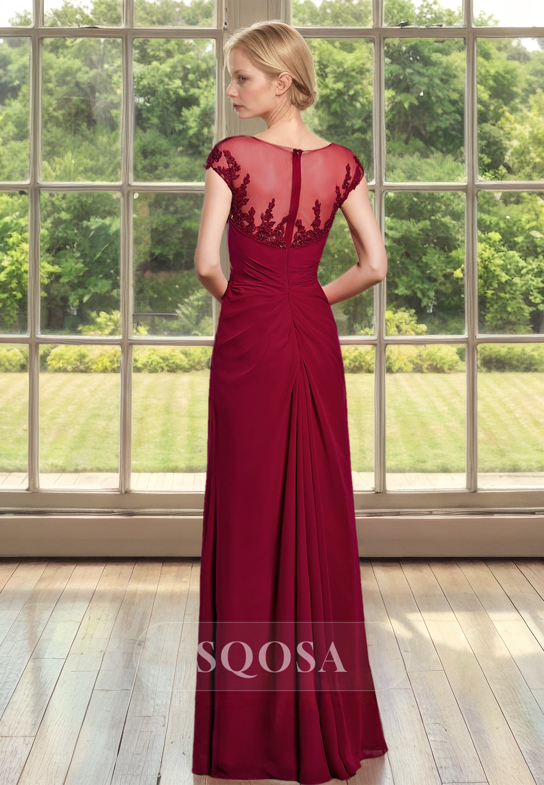 Cap-Sleeves Scoop-Neck Fitted Mother of the Bride Dress Pleated Applique Beaded Cutout Cocktail Gowns