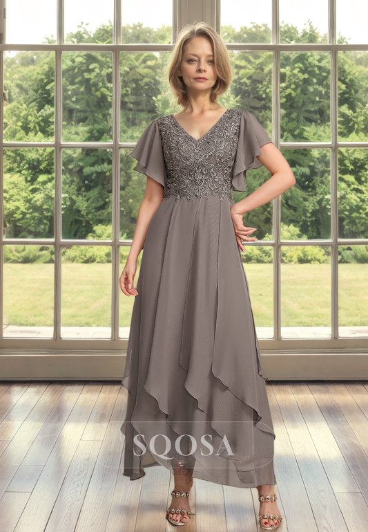 V-neck Cap-Sleeves Tulle A-Line Cocktail Gowns Pleated Applique Floor-Length Mother of the Bride Dress