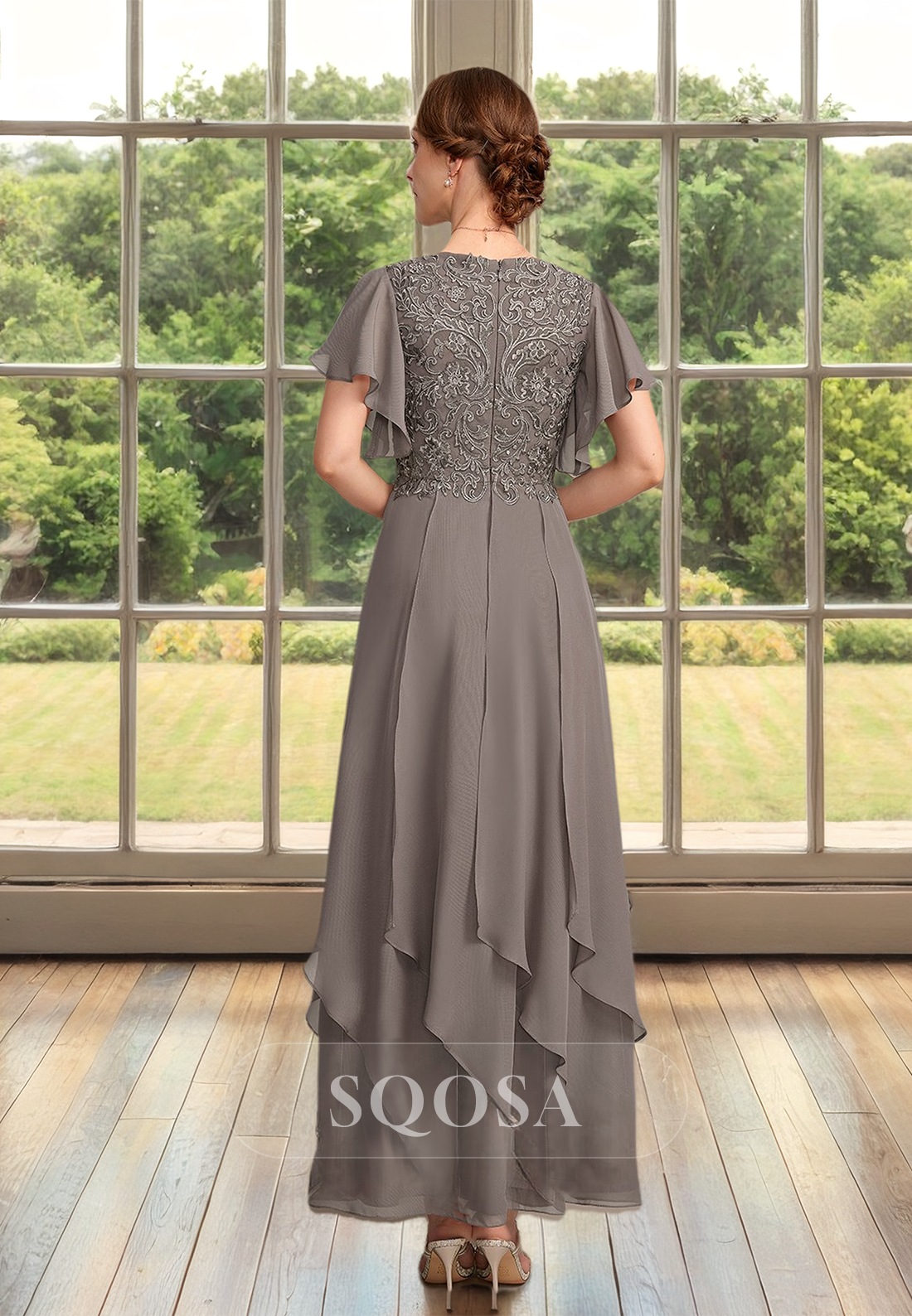 V-neck Cap-Sleeves Tulle A-Line Cocktail Gowns Pleated Applique Floor-Length Mother of the Bride Dress