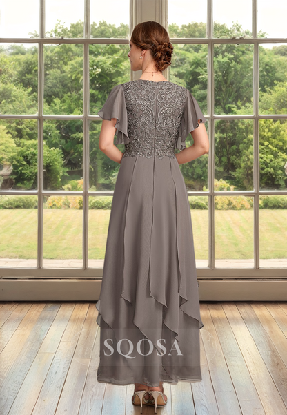 V-neck Cap-Sleeves Tulle A-Line Cocktail Gowns Pleated Applique Floor-Length Mother of the Bride Dress