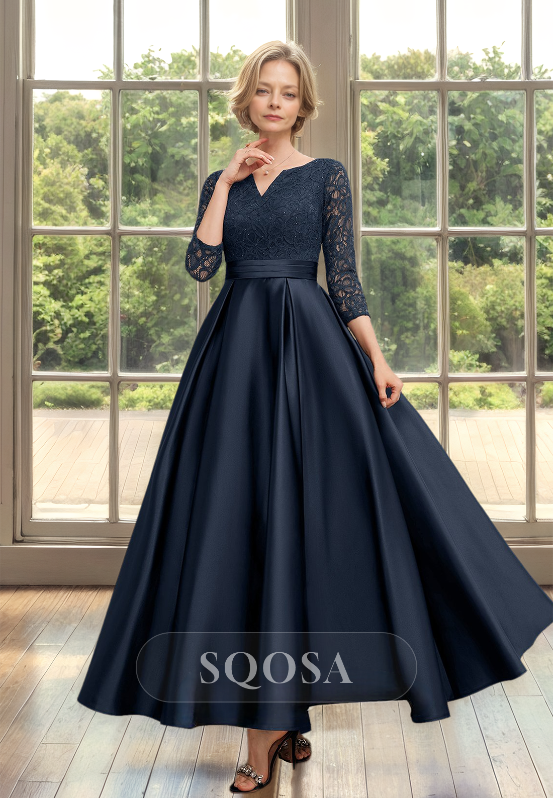 A-Line V-neck Long-Sleeves Satin Cocktail Gowns Pleated Lace Applique Beaded Cutout Mother of the Bride Dress