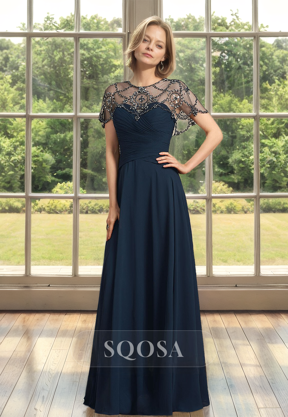 Scoop-Neck Short-Sleeves Satin A-Line Mother of the Bride Dress Pleated Beaded Cutout Cocktail Gowns