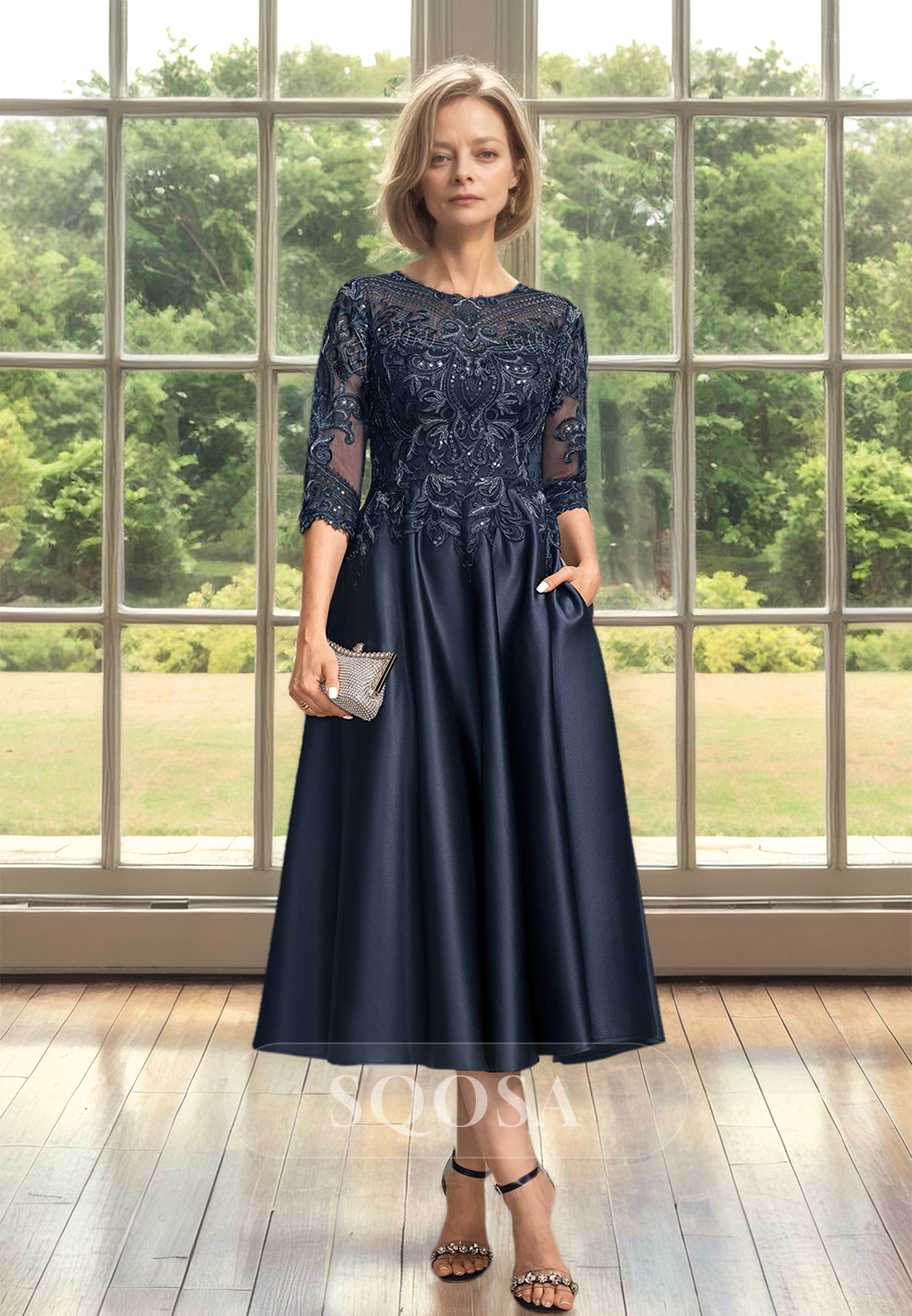 3/4 Sleeves Scoop-Neck Applique A-Line Mother of the Bride Dress Pleated Beaded Cutout Satin Cocktail Gowns