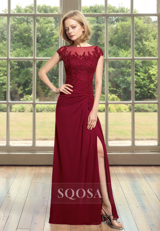 Cap-Sleeves Scoop-Neck Fitted Mother of the Bride Dress Pleated Applique Beaded Cutout Cocktail Gowns