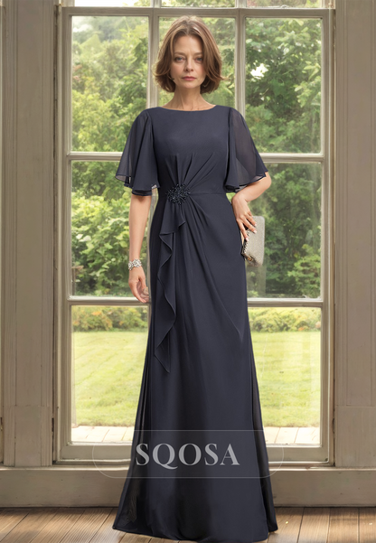 Half-Sleeveles Scoop-Neck Fitted Mother of the Bride Dress Pleated Beaded Chiffon Cocktail Dress