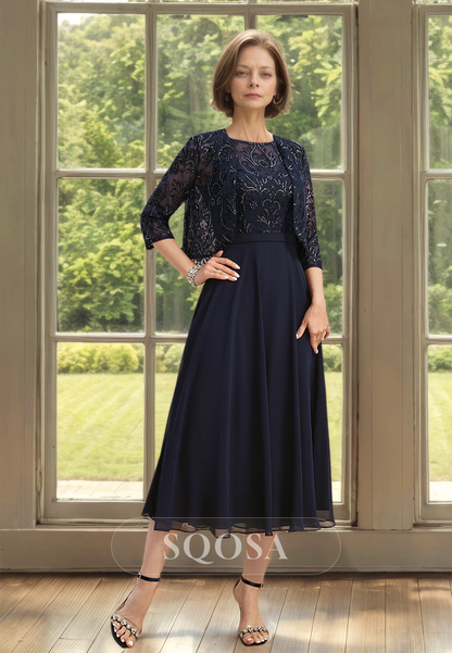 Scoop-Neck Chiffon A-Line Pleated Beaded Cutout Mother of the Bride Dress with Lace Applique Coat