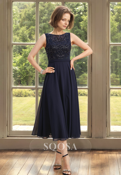 Scoop-Neck Chiffon A-Line Pleated Beaded Cutout Mother of the Bride Dress with Lace Applique Coat