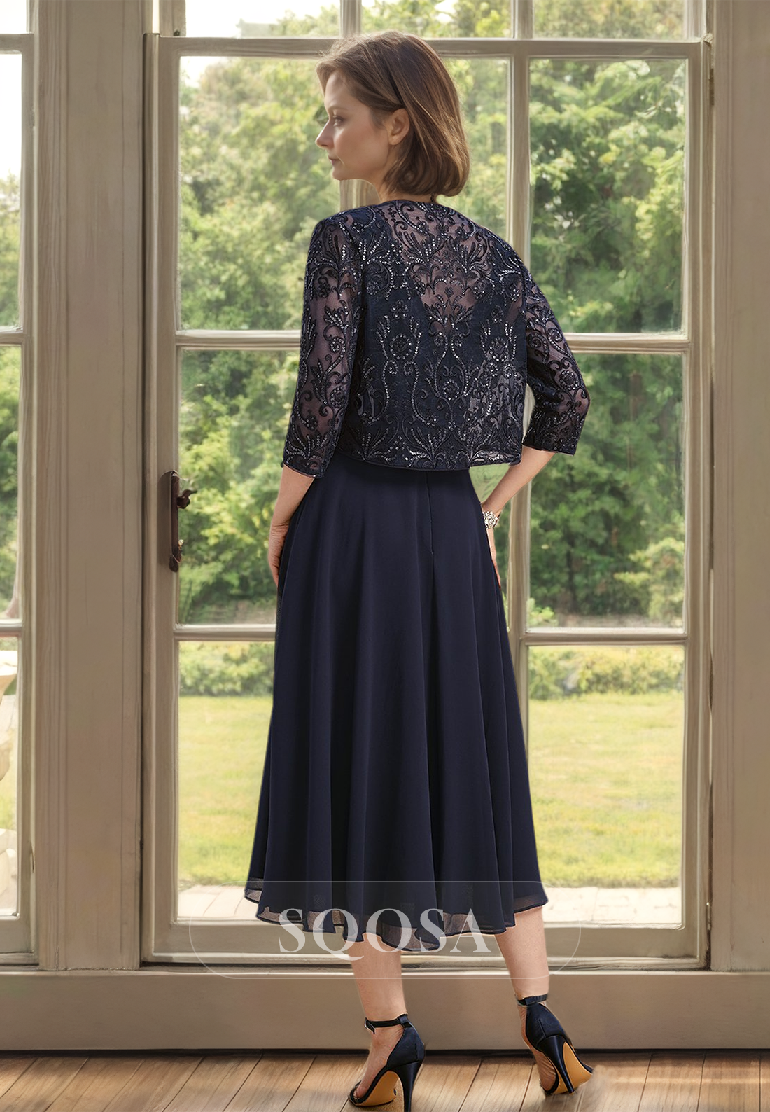 Scoop-Neck Chiffon A-Line Pleated Beaded Cutout Mother of the Bride Dress with Lace Applique Coat