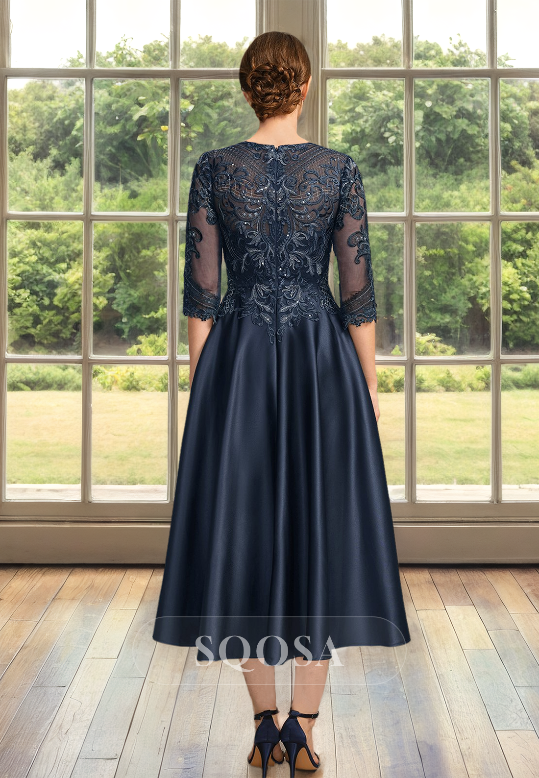 3/4 Sleeves Scoop-Neck Applique A-Line Mother of the Bride Dress Pleated Beaded Cutout Satin Cocktail Gowns