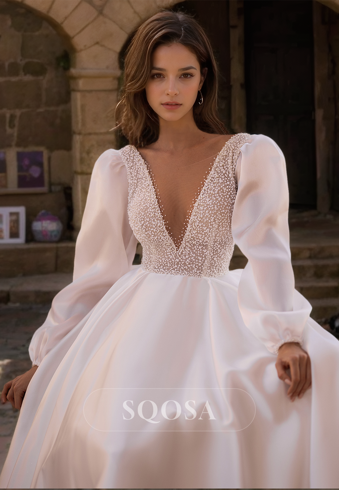 Deep V-Neck Long-Sleeves A-Line Bride Gowns Beaded Pleated Train Chiffon Wedding Dress